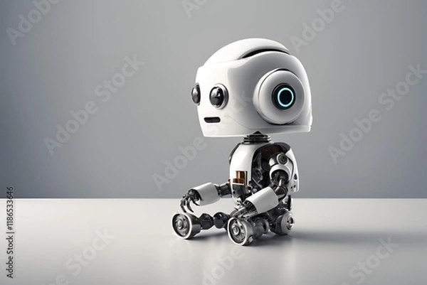 Fototapeta Cute small robot sit on table, empty background.