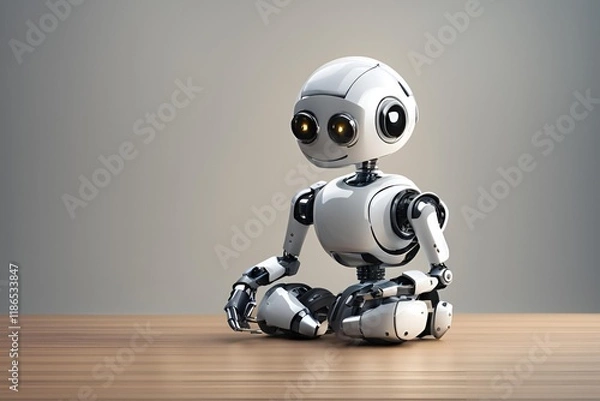 Fototapeta Cute small robot sit on table, empty background.