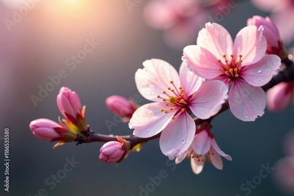 Fototapeta Delicate cherry blossoms unfurl in the morning dew, flowers, twigs