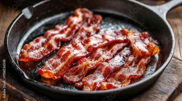 Fototapeta Sizzling crispy bacon strips in a seasoned cast iron skillet on a rustic wooden surface