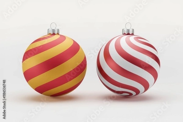 Fototapeta Two Christmas baubles with red and gold swirling stripes, isolated on white background.