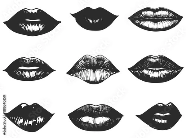 Fototapeta Hand drawn woman lips in different variations. Black and white vector illustration.