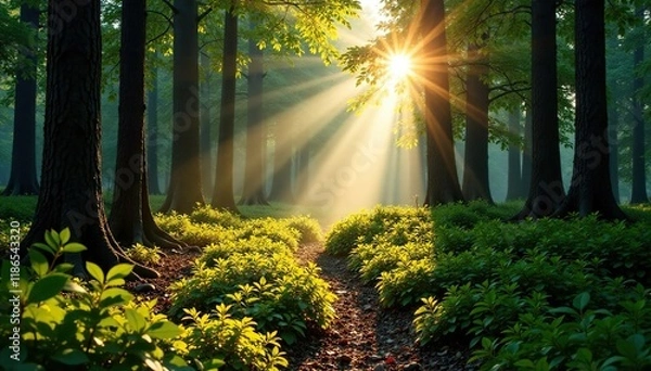 Fototapeta Sunlit forest floor with sunlight filtering through trees and shrubs, treeline, tree trunks, illumination