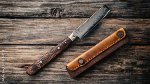Obraz Straight Razor with Leather Strop on Rustic Wooden Background for Grooming and Barbering Tools Elegance