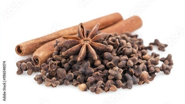 Fototapeta Star anise and cloves with cinnamon sticks arranged on a white background showcasing aromatic spices for culinary use.