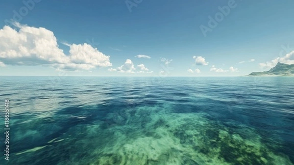 Fototapeta Serene clear ocean waters with a tranquil horizon under a blue sky and fluffy clouds creating a peaceful coastal landscape.