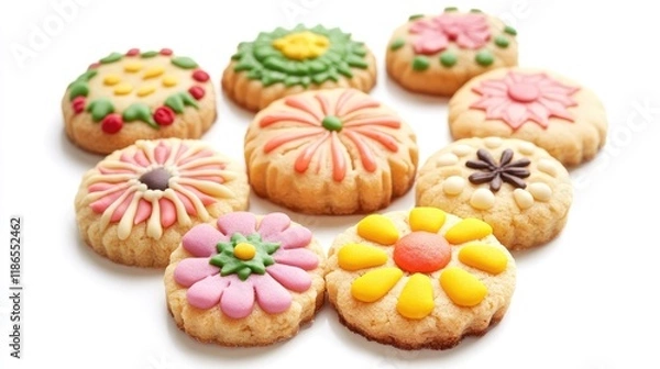 Obraz Decorative cookies with colorful icing arranged on a white background for a sweet and vibrant presentation.