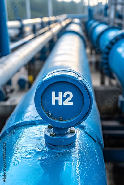 Fototapeta Close up of blue hydrogen gas pipelines in industrial area generated.AI