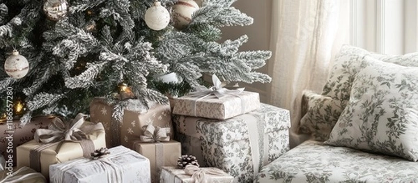 Fototapeta Cozy Christmas scene featuring beautifully wrapped gifts beneath a festive tree creating a joyful holiday atmosphere