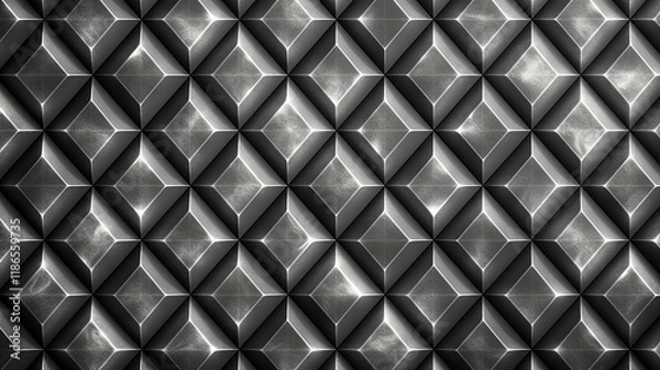 Obraz 四角の立体的な幾何学模様の黒と銀のメタリック背景　テクスチャ