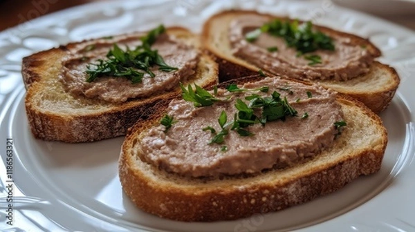 Fototapeta Toasted bread slices with homemade chicken liver pÃ¢tÃ© topped with fresh herbs on a white plate
