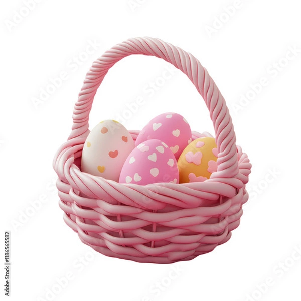 Obraz Cute cartoon 3D render of pink basket with pastel colored decorative Easter eggs.