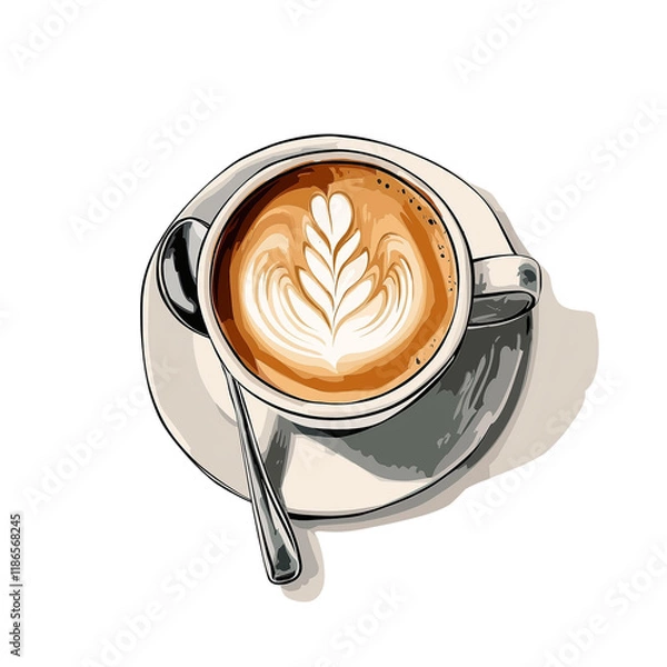 Fototapeta Untitled design - Cup of coffee with a spoon, vector illustration on a white background. Cappuccino, latte art, and foam, created in Adobe Illustrator, vectorized, in a clipart style png