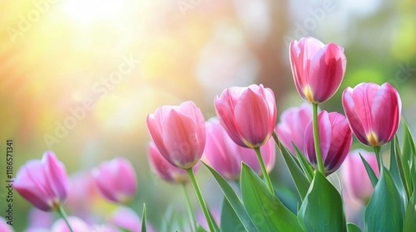 Fototapeta Blooming Pink Tulip Flowers in Sunlit Spring Field with Soft Focus on Green Leaves