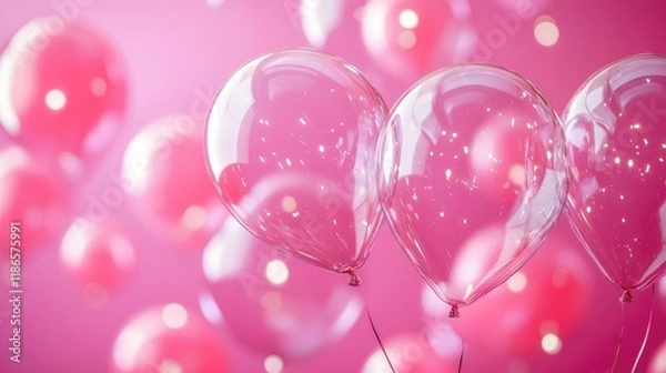 Fototapeta Glossy transparent balloons on a vivid pink background creating a festive and elegant atmosphere for celebrations and special occasions