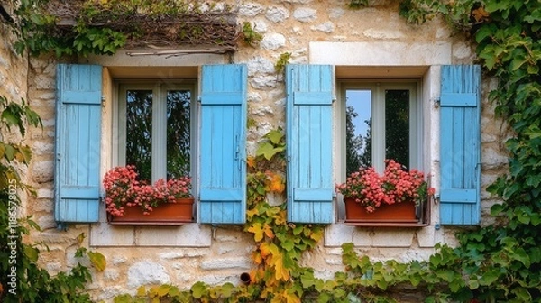 Fototapeta Charming rustic windows with blue shutters adorned by blooming flower pots and climbing vines on an old stone building faÃ§ade
