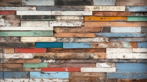 Obraz Rustic vintage wooden wall texture with colorful reclaimed planks for backgrounds and design elements in photography and art projects.