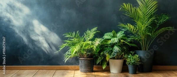 Fototapeta Lush indoor plants arranged on a wooden floor against a dark wall creating a serene and inviting home environment