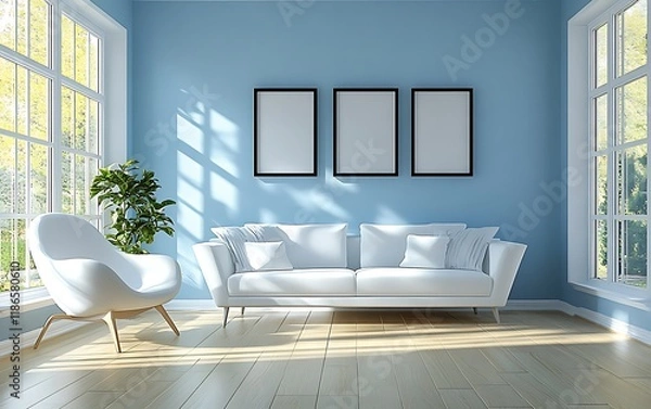 Fototapeta Sunny living room, white sofa, armchair, blue walls, relaxing interior design, home decor