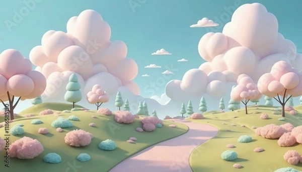 Fototapeta Soft 3D cartoon landscape, gentle paths and fluffy pastel clouds