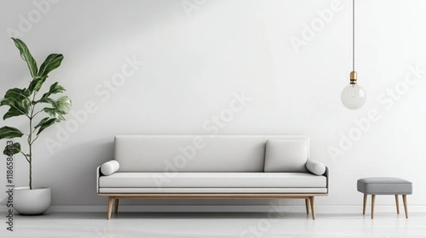 Fototapeta Minimalist Scandinavian Living Room with White Sofa Grey Bench and Indoor Plant