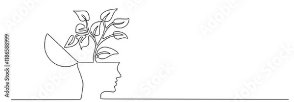 Obraz Line art of human head with plant inside. Mental health and psychology vector concept.