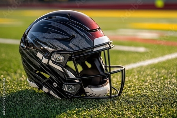 Fototapeta Unique football helmet on the field showcasing detailed design and vibrant colors during practice session in the evening sunlight