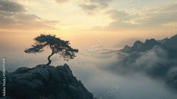 Fototapeta Majestic solitary tree perched on rocky cliff at sunrise with misty mountains in the background showcasing nature's beauty and serenity.