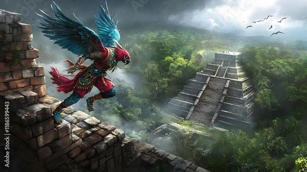 Fototapeta A colorful figure with bird-like features stands on ruins overlooking a jungle and pyramid.
