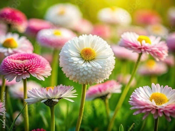 Fototapeta Spring Meadow Wallpaper: Delicate White-Pink Bellis Perennis Daisies