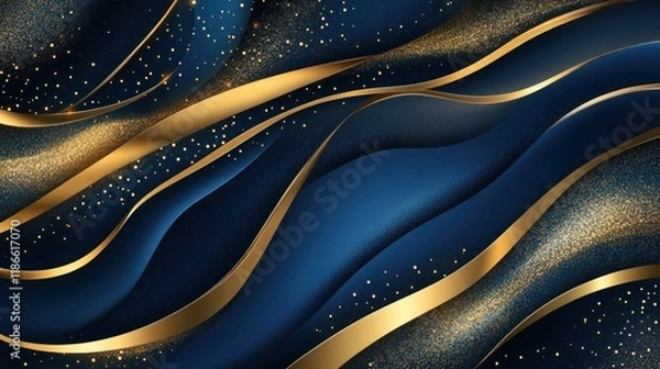 Fototapeta Abstract navy blue and gold wavy background with glitter. (1)