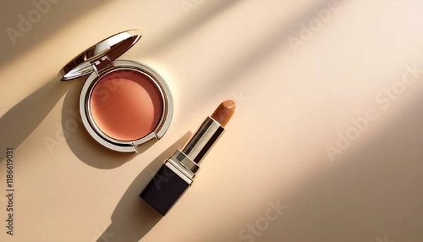 Fototapeta 対角線に配置されたリップスティックとコンパクトミラー、シンプルで落ち着いたベージュカラーの背景が美しく調和

