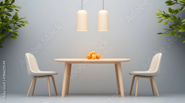 Fototapeta minimalist dining area featuring wooden table, two sleek chairs, and pendant lights. warm ambiance is enhanced by bowl of oranges, creating cozy atmosphere