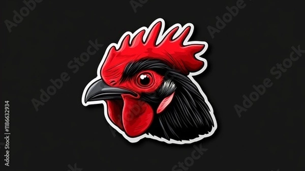 Fototapeta Fiery rooster head graphic design. Bold red and black colors against a dark background.