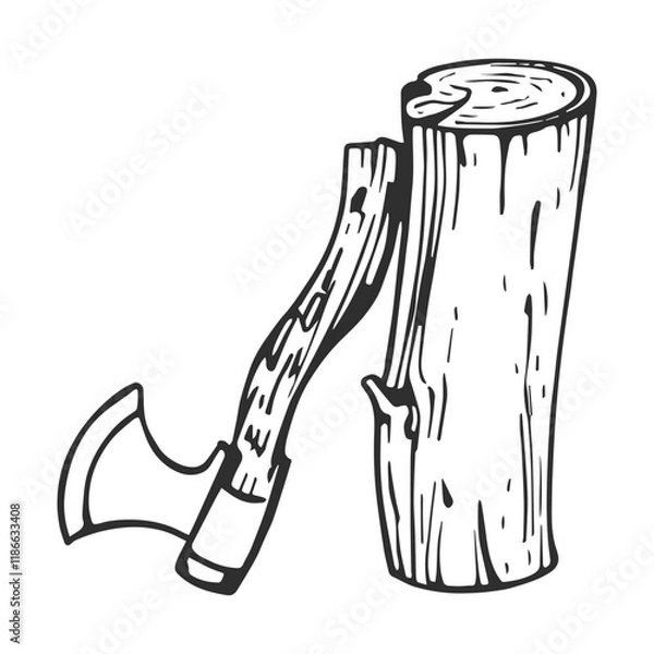 Fototapeta Wood log with axe. Hand drawn vector sketch illustration.