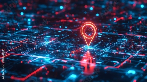 Fototapeta Abstract Digital Map with Glowing Neon Red Location Pinpoint on Futuristic Circuit Board Technology Background. Cyberpunk Style, Red and Blue Colors, 