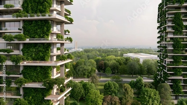 Fototapeta Eco-Futuristic Landscape with Vertical Forest Skyscrapers