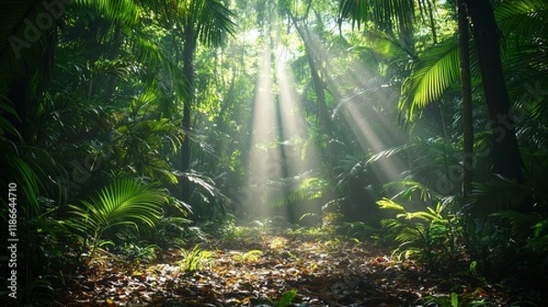 Obraz Sunlight Filtering Through Lush Green Foliage in Tropical Jungle