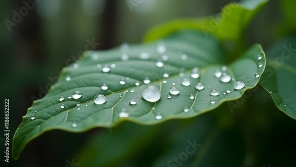 Fototapeta A raindrops on a green leaf with a blurred forest background