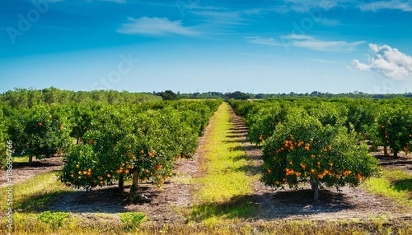 Fototapeta orange grove in florida rural farmlands with rows of citrus trees growing on a sunny day