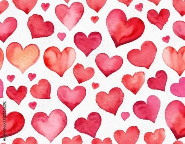 Fototapeta A vibrant pattern of red and pink watercolor hearts overlapping on a white background, creating a romantic and whimsical feel