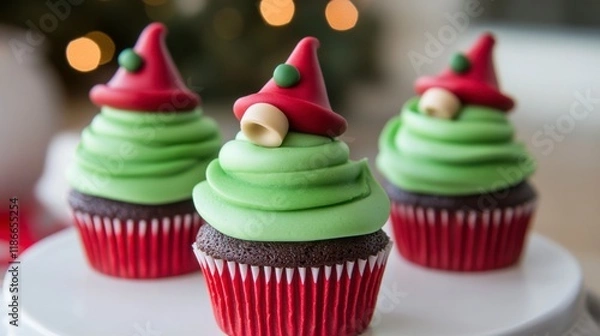 Fototapeta Christmas Elf Cupcakes: Three delightful chocolate cupcakes, adorned with swirls of vibrant green frosting and topped with charming elf hats, create a festive and whimsical holiday treat.