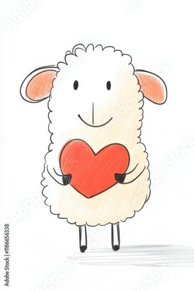 Obraz Cute little sheep holding an heart, white background, simple style, simple strokes