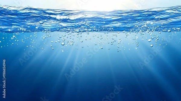 Obraz Underwater scene with sunlit surface waves and rising bubbles.