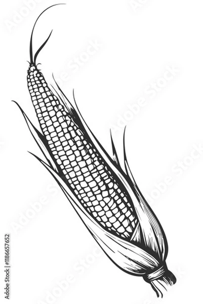 Fototapeta Hand drawn corn cob. Black and white vector illustration.