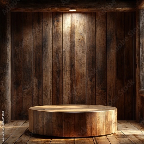 Fototapeta Rustic Wooden Podium:  A rustic wooden platform with a circular shape  in a rustic wooden cabin setting, perfect for showcasing products or displaying items.