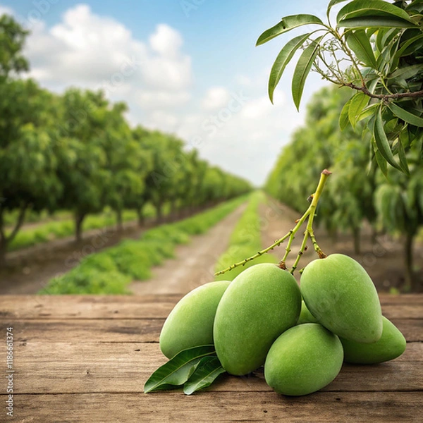 Fototapeta A bundle of fresh mangoes sits on the table in the garden.