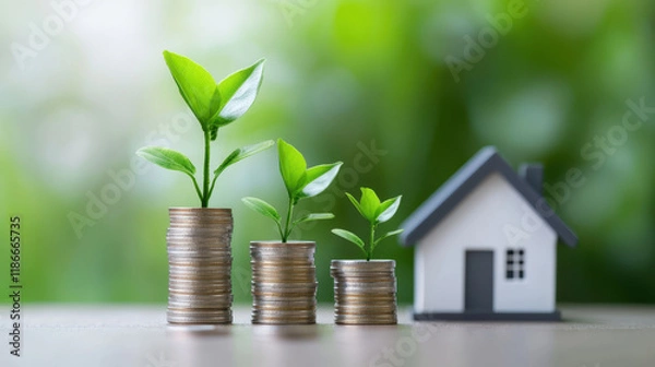 Fototapeta Growth concept with coins and plants representing investment and prosperity.