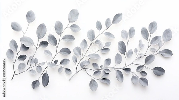 Fototapeta Silver eucalyptus branches arranged on white background.