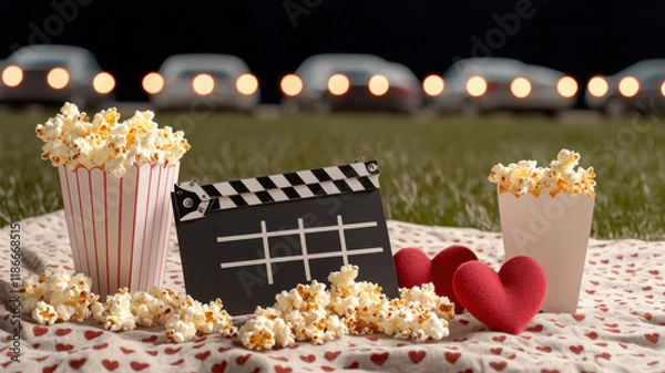 Fototapeta Popcorn and Clapperboard with Valentine’s Day Theme, Cozy setup with clapperboard, popcorn, and hearts for movie night